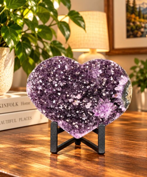 Amethyst Heart on Stand 18 Purple Quartz Geode Crystal Gift 1.044g - H13xW16xD6cm