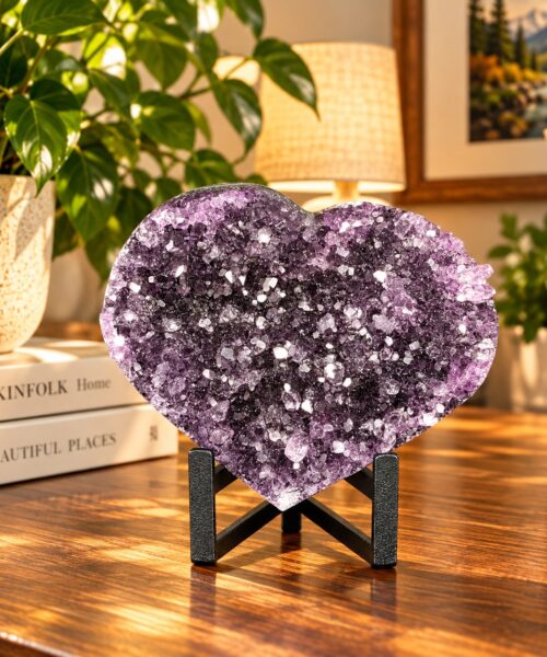 Amethyst Heart on Stand 19 Purple Quartz Geode Crystal Gift 691g - H13xW15xD6cm