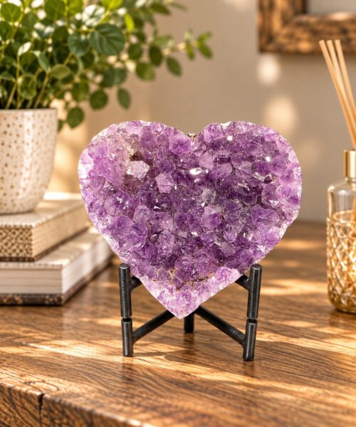 Amethyst Heart on Stand 20 Purple Quartz Geode Crystal Gift 619g - H12xW12xD6cm