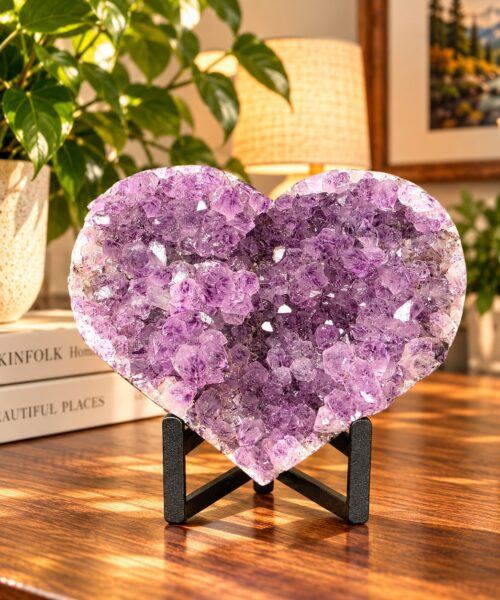 Huge Amethyst Heart on Stand 22 Purple Quartz Geode Crystal Gift 1.552g - H15xW19xD10cm