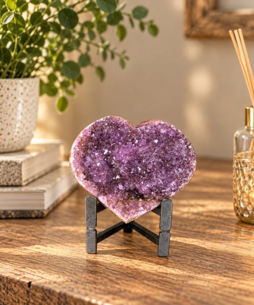 Amethyst Heart on Stand 3 Purple Quartz Geode Crystal Gift 571g - H11xW12xD6cm