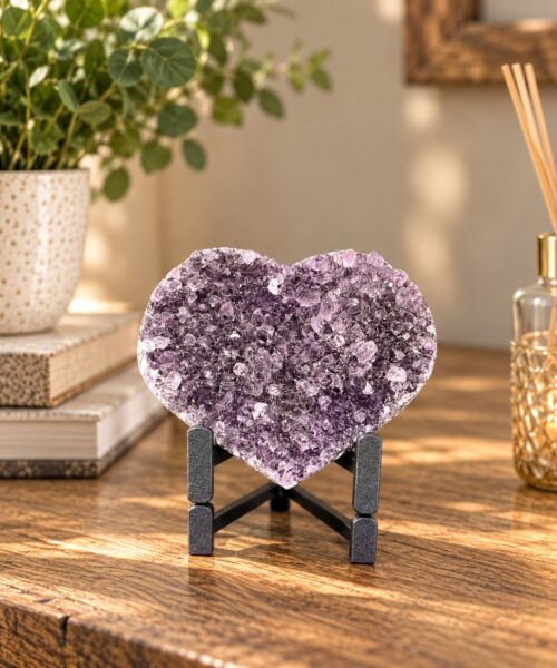 Amethyst Heart on Stand 4 Purple Quartz Geode Crystal Gift 581g - H11xW13xD6cm