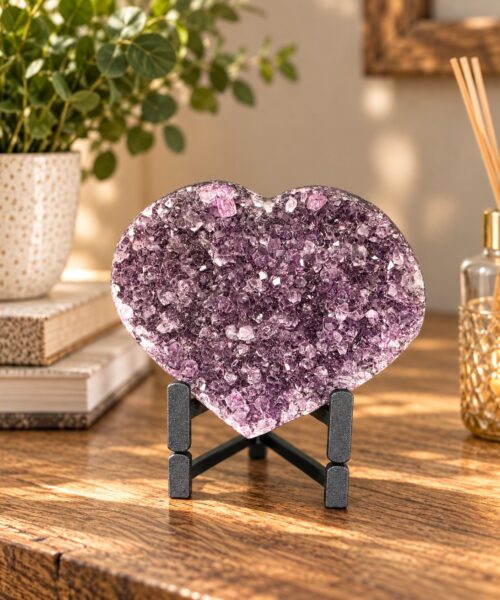Amethyst Heart on Stand 6 Purple Quartz Geode Crystal Gift 591g - H12xW14xD6cm