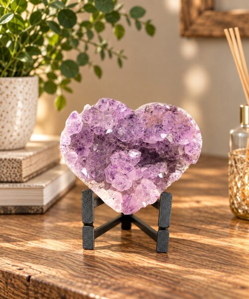Amethyst Heart on Stand 7 Purple Quartz Geode Crystal Gift 881g - H12xW12xD6cm