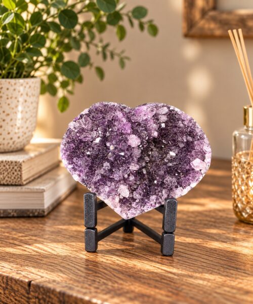 Amethyst Heart on Stand 9 Purple Quartz Geode Crystal Gift 559g - H11xW13xD6cm