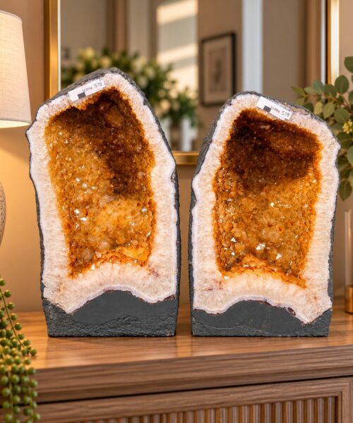 Citrine Geode PAIR 578 & 579 Crystal Cluster Druzy Premium Grade 13kg each H36xW19xD12cm
