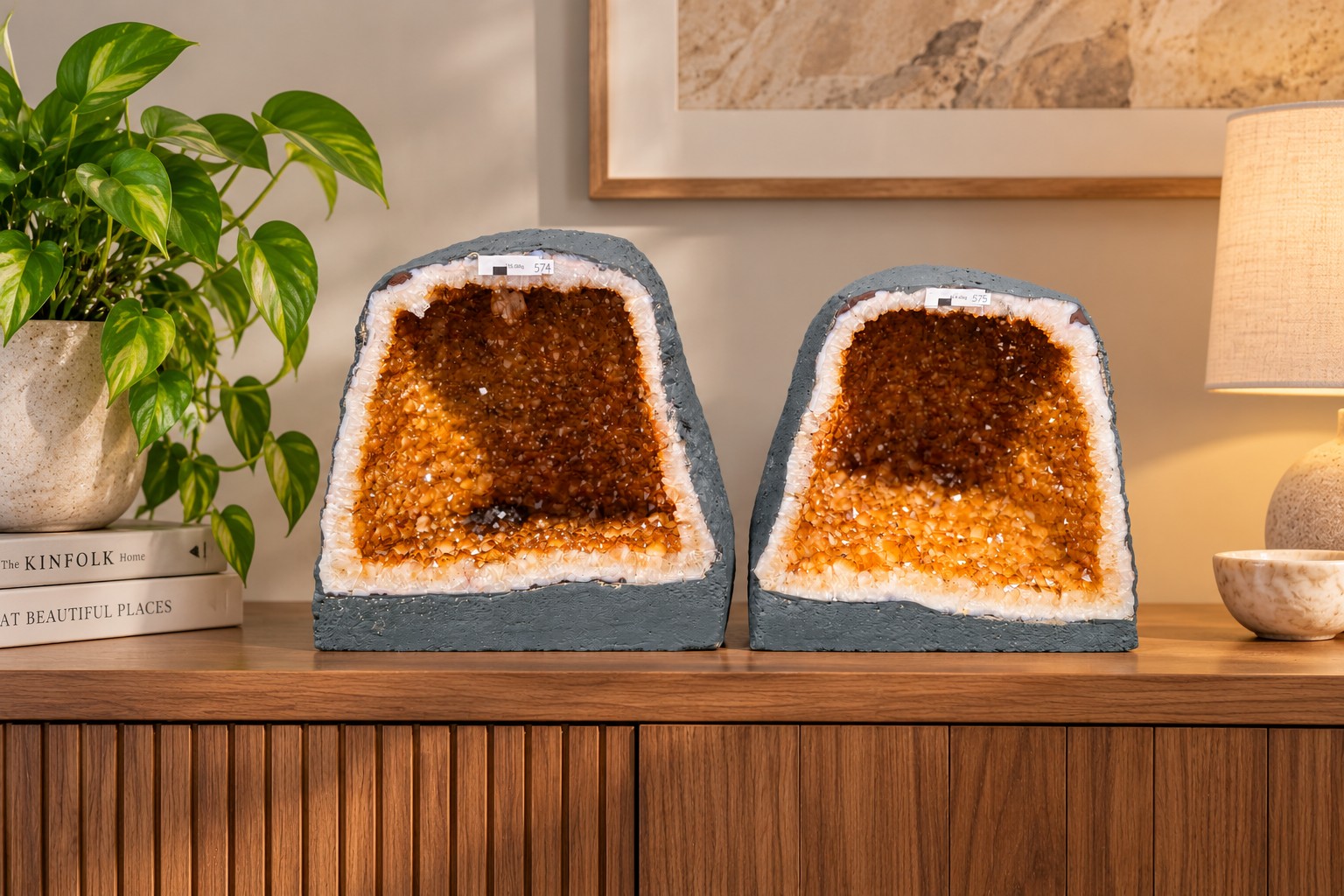 Citrine Geode PAIR 574 & 575 Crystal Cluster Druzy Premium Grade 16kg each H32xW31xD19cm