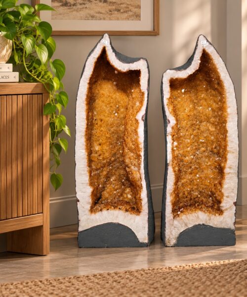 Very Tall Citrine Geode PAIR 597-598 Crystal Cluster Druzy Premium Grade 67kg each H82xW29xD23cm
