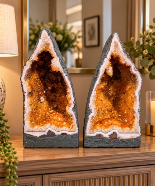 Citrine Geode PAIR 568 & 569 Crystal Cluster Druzy Premium Grade 9kg each H37xW20xD15cm